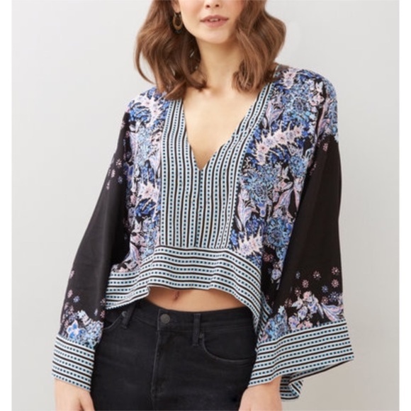Free People Black Blue Print Mix N Match Blouse in Medium - Picture 1 of 15